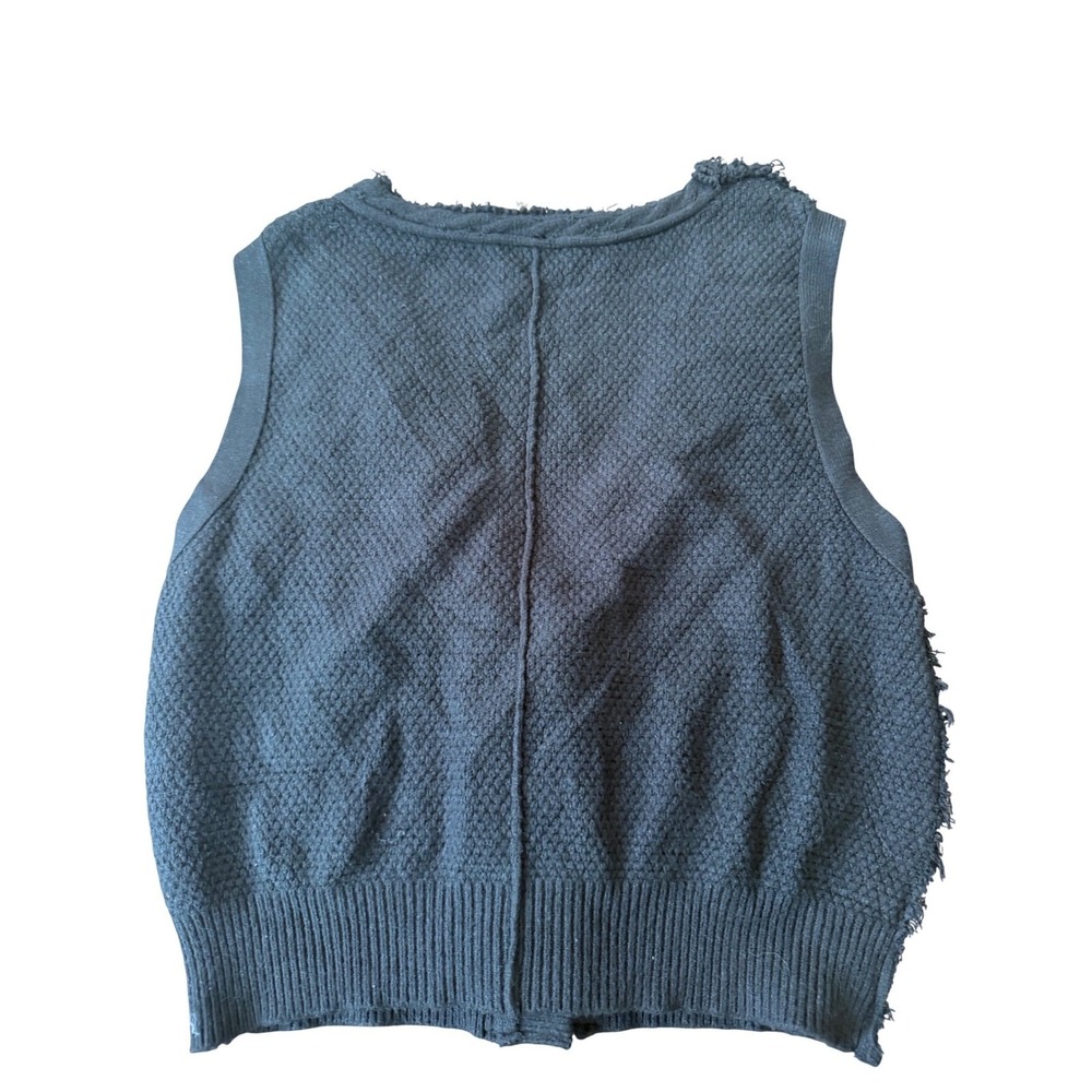 Free People Black Cable Knit Sweater Vest V-Neck Button Front Frayed Edge Large - Picture 2 of 2